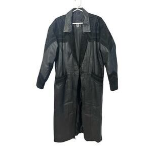 Greg Bell Womens Medium M Black‎ Leather Trench Coat - Suede Paisley Accents